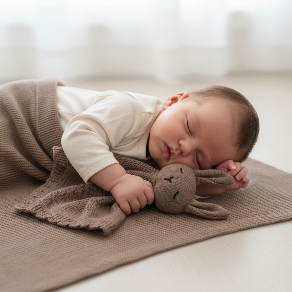 Baby sleeping peacefully with a brown plush toy on a soft surface