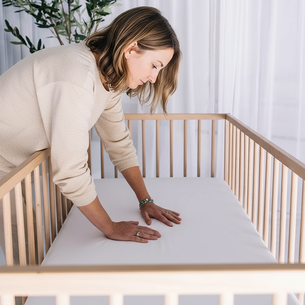 Parent fitting a waterproof bamboo cot sheet