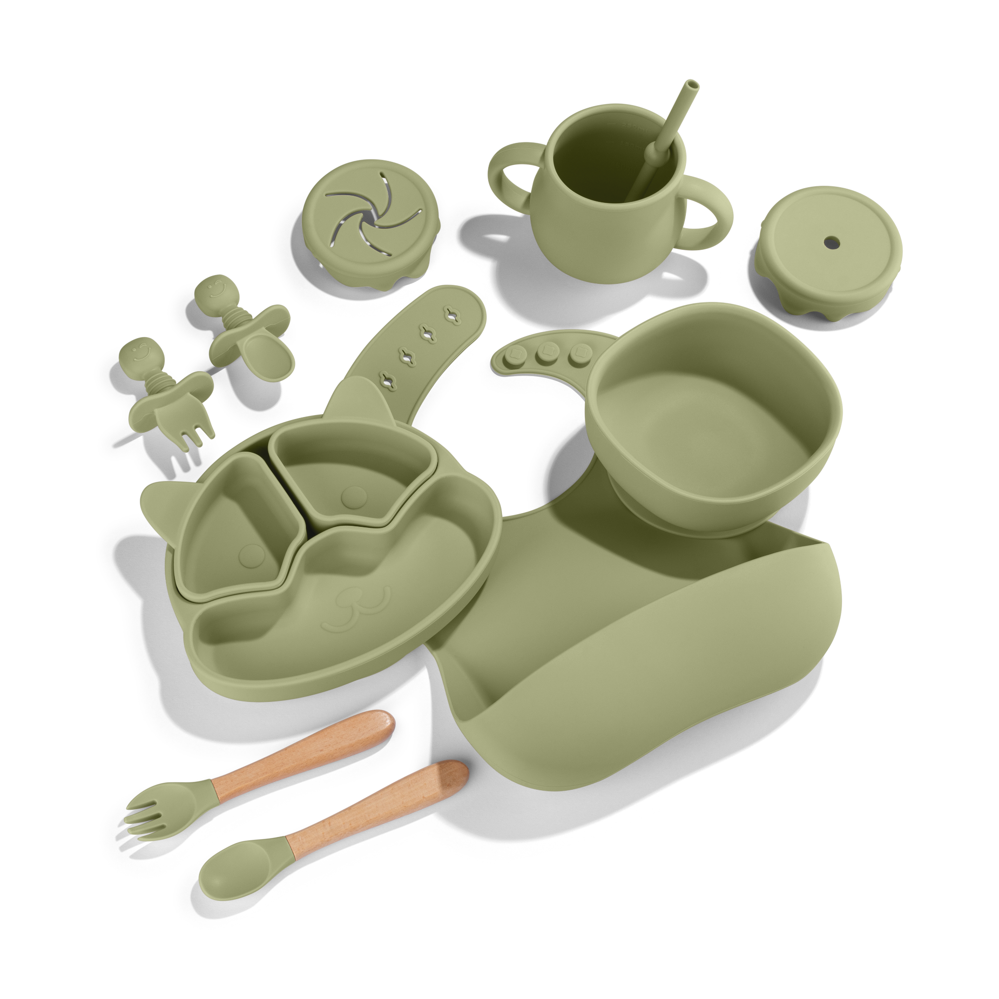 Silicone baby feeding set with suction bowl, divided plate, cup and bib