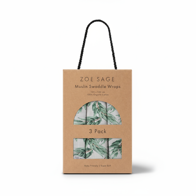 Organic cotton muslin swaddle three pack in blue gum leaf by Zoe Sage