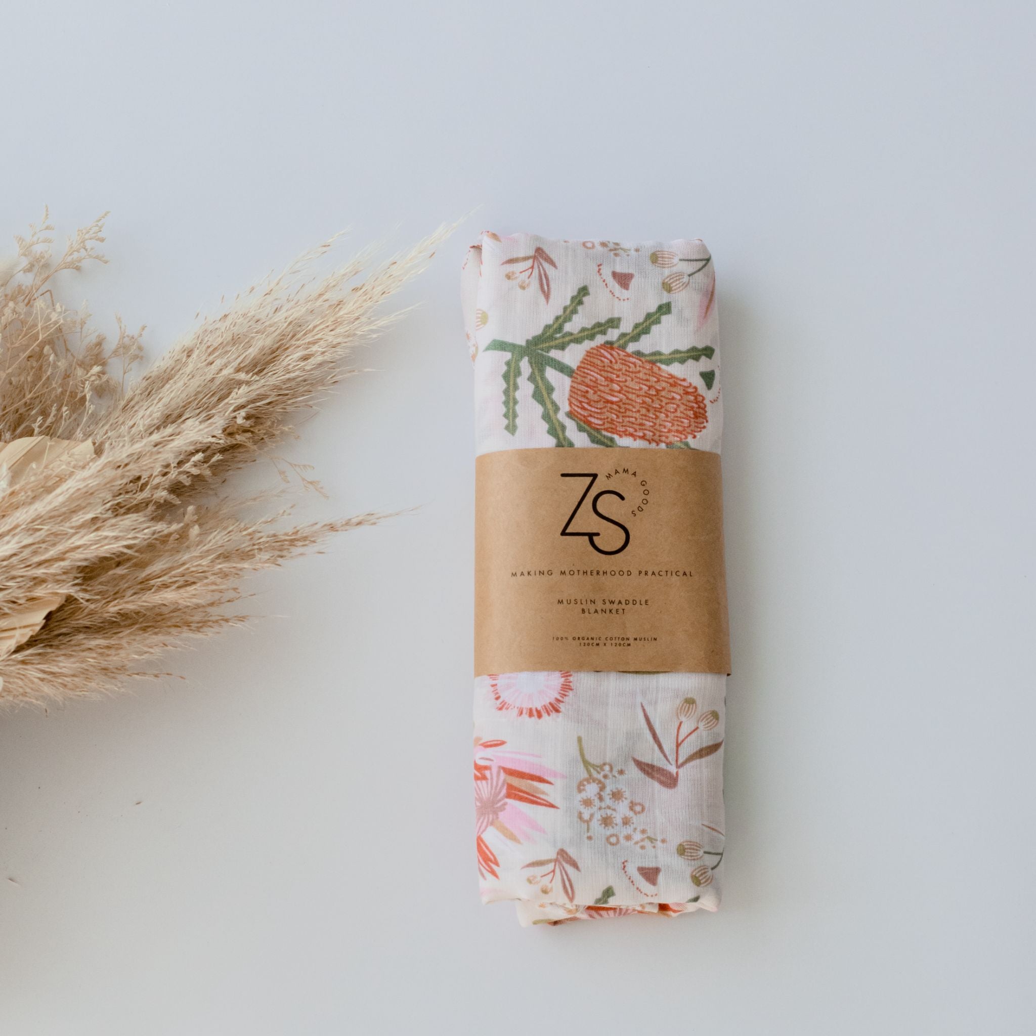 Organic Cotton Muslin Swaddle Wrap 120cm - Gumnut Blossoms