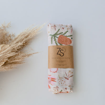 Organic Cotton Muslin Swaddle Wrap - Gumnut Blossoms
