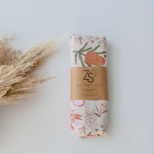 Organic Cotton Muslin Swaddle Wrap - Gumnut Blossoms