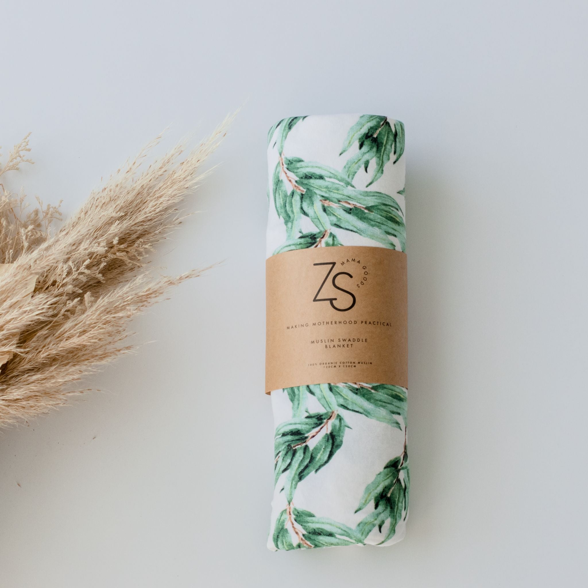 Organic Cotton Muslin Swaddle Wrap 120cm - Blue Gum Leaf