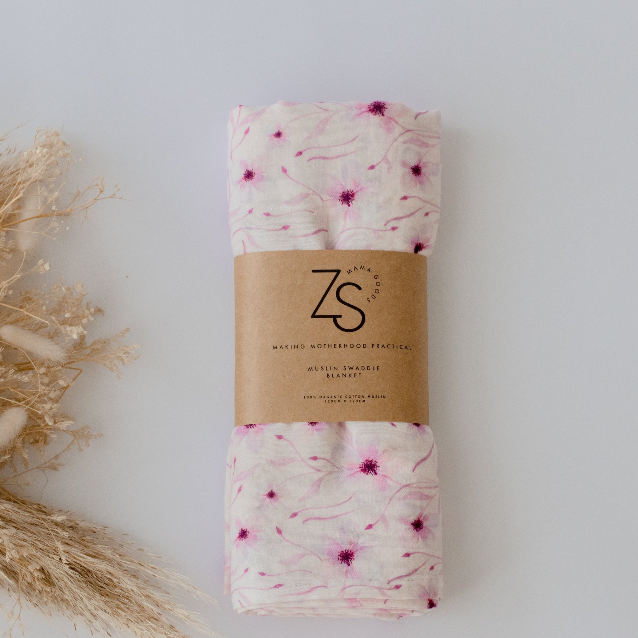 Blushing Vine organic cotton muslin swaddle wrap by Zoe Sage