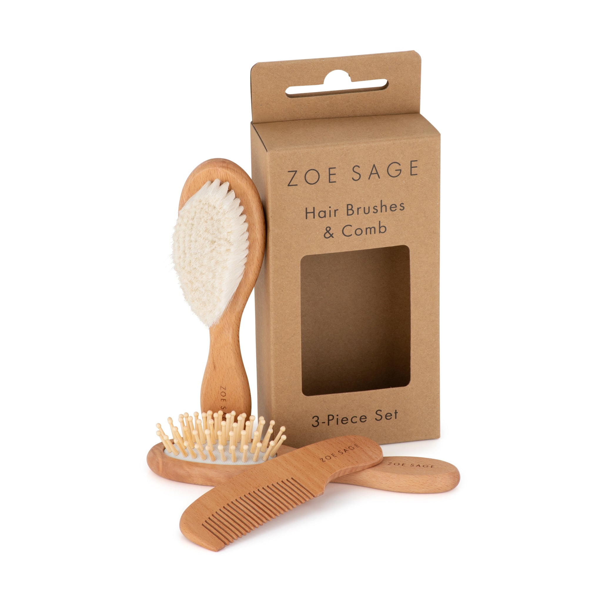 Zoe Sage hairbrushes and comb set with packaging on a white background