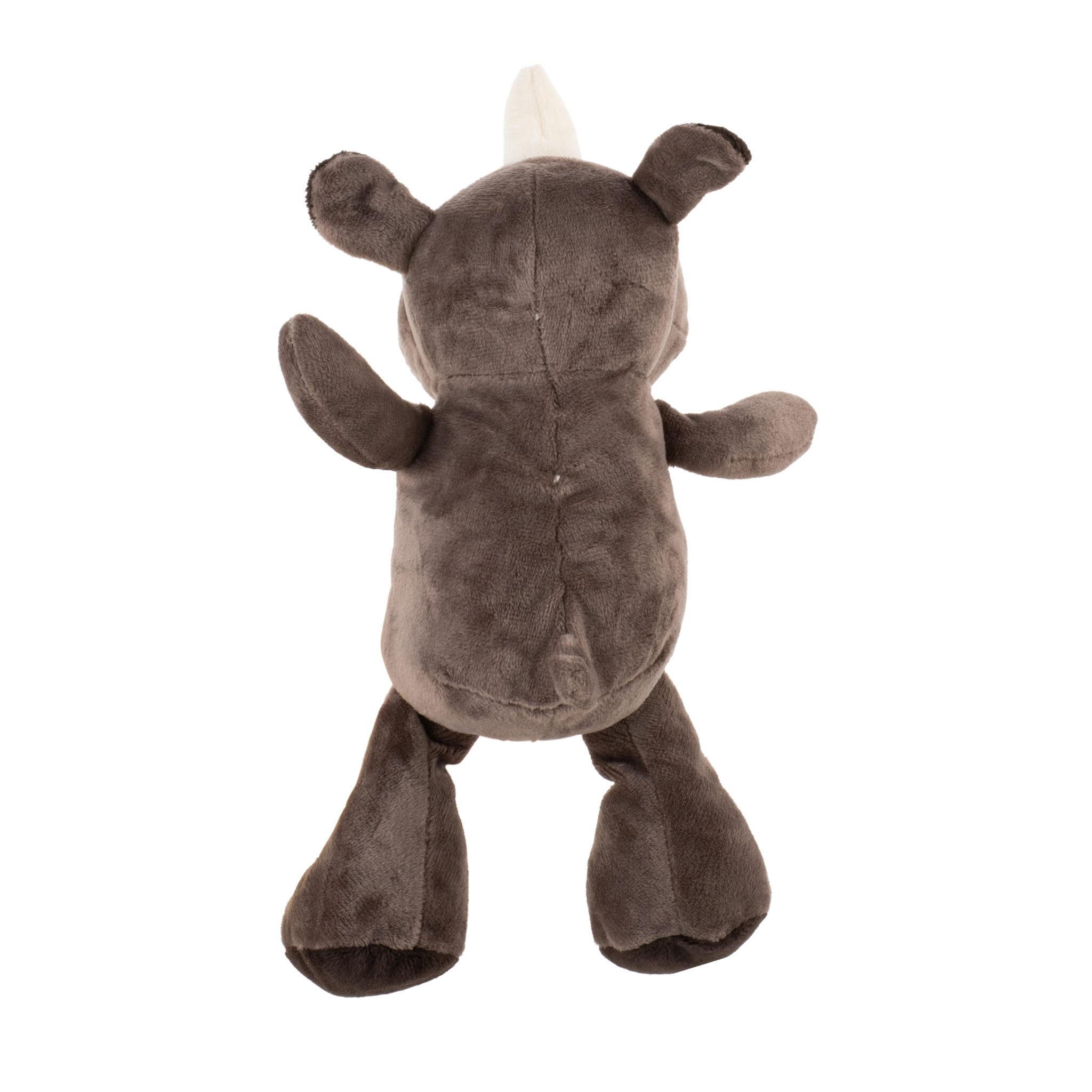 Soft grey plush rhino toy being held by a child's hands