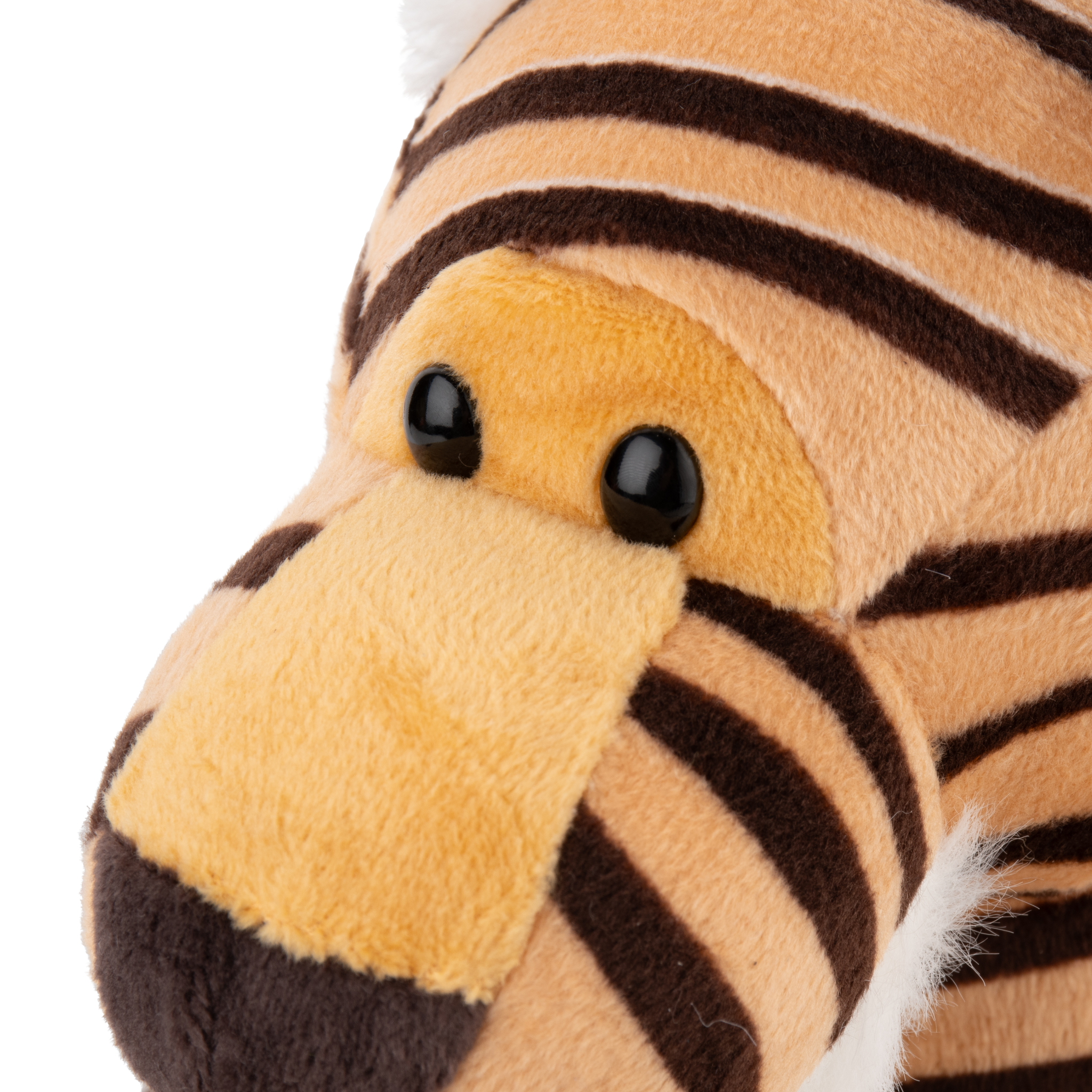 Soft plush tiger toy with orange and black stripes for children.