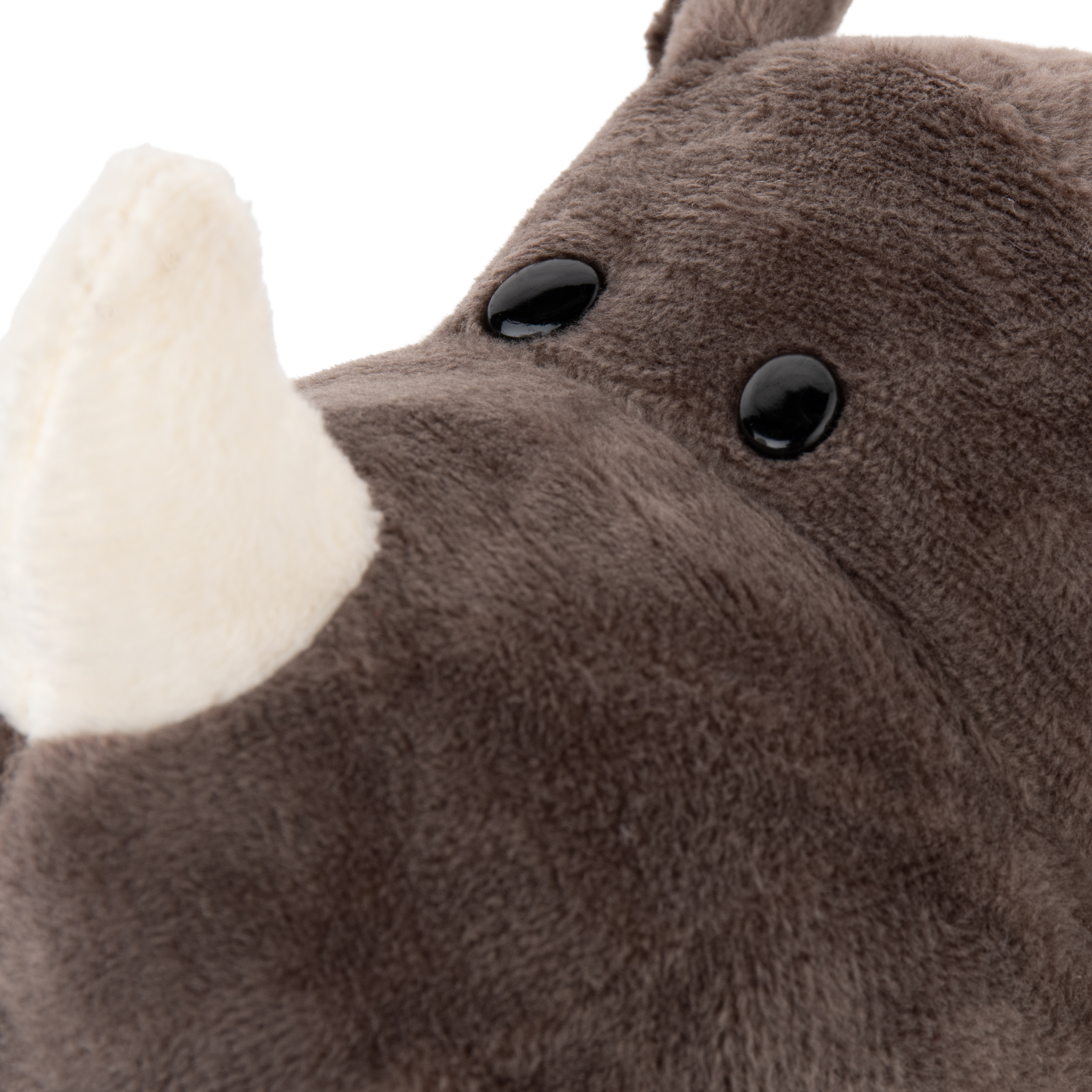 Soft plush grey rhino toy from above showing textured fabric detail