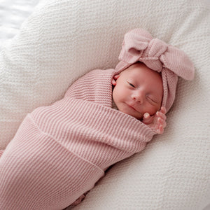 A baby wrapped in a pink knitted blanket with a matching pink oversized topknot wrap, lying on a white textured surface.