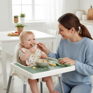 Woman feeding a baby in a high chair with a bowl of cereal.