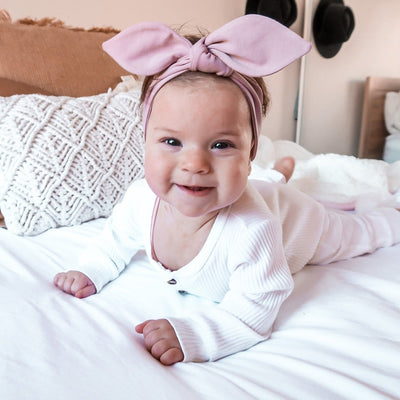 Taupe baby top knot headband in solid colour by Zoe Sage
