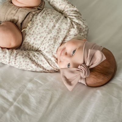Taupe baby bow knot headband displayed on white background by Zoe Sage