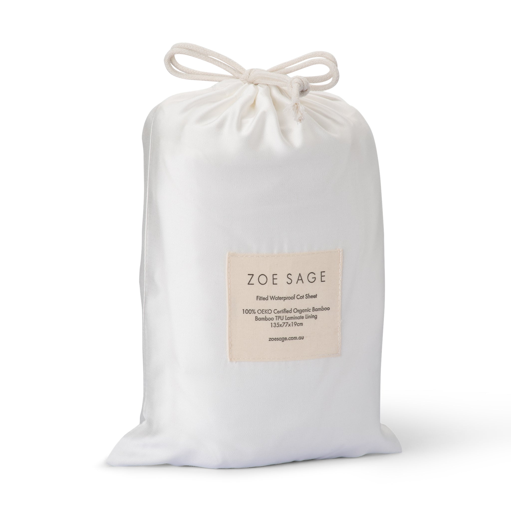 Waterproof Cot Sheet White drawstring bag with a label on a white background