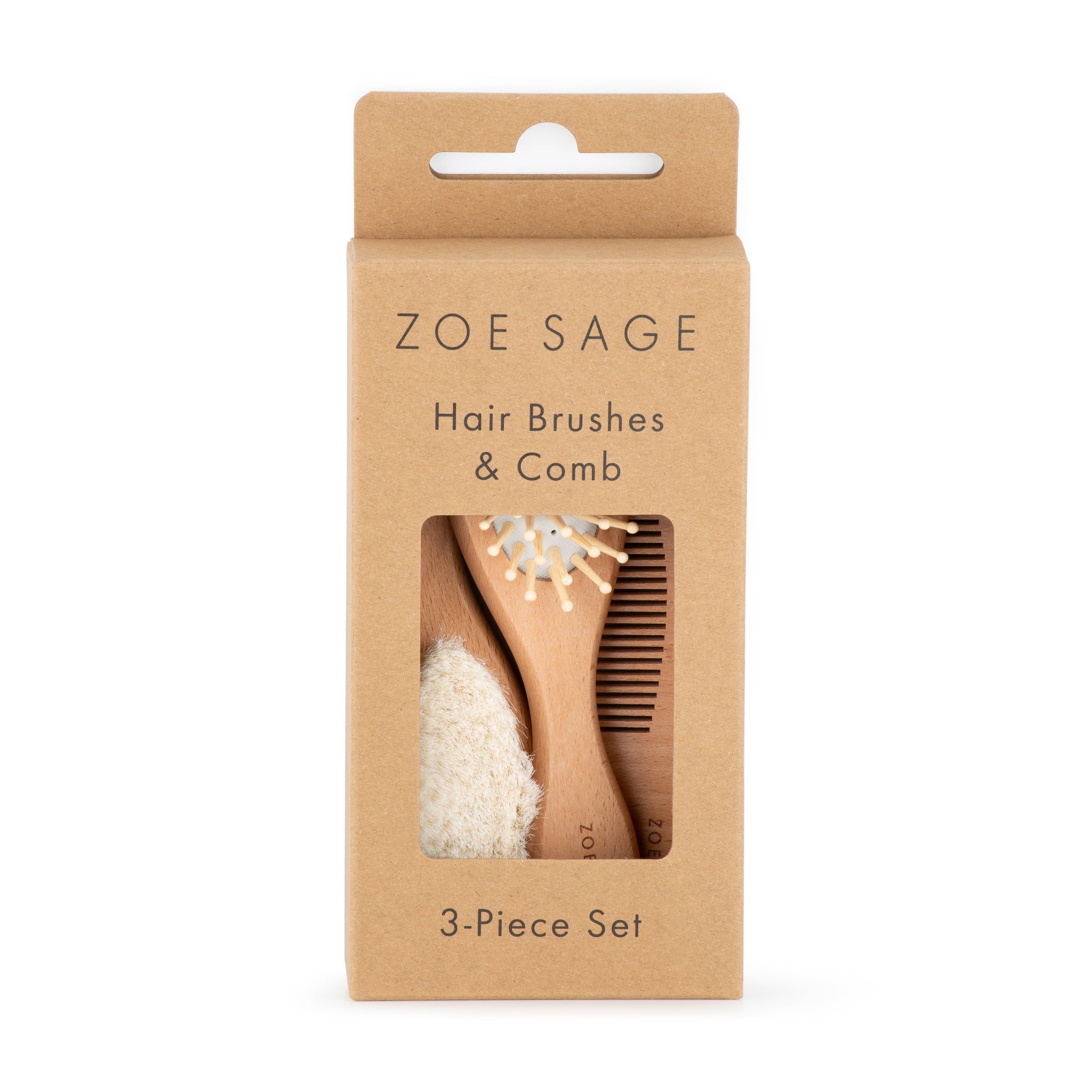 Zoe Sage hair brushes and comb set in cardboard packaging on a white background
