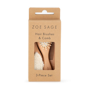 Zoe Sage hair brushes and comb set in cardboard packaging on a white background