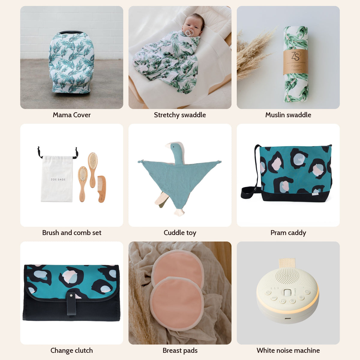Big Box Mystery Box in Blue Gum Leaf: Mama Cover, stretchy swaddle, muslin swaddle, brush and comb set, cuddle toy, pram caddy, change clutch, breast pads and white noise machine