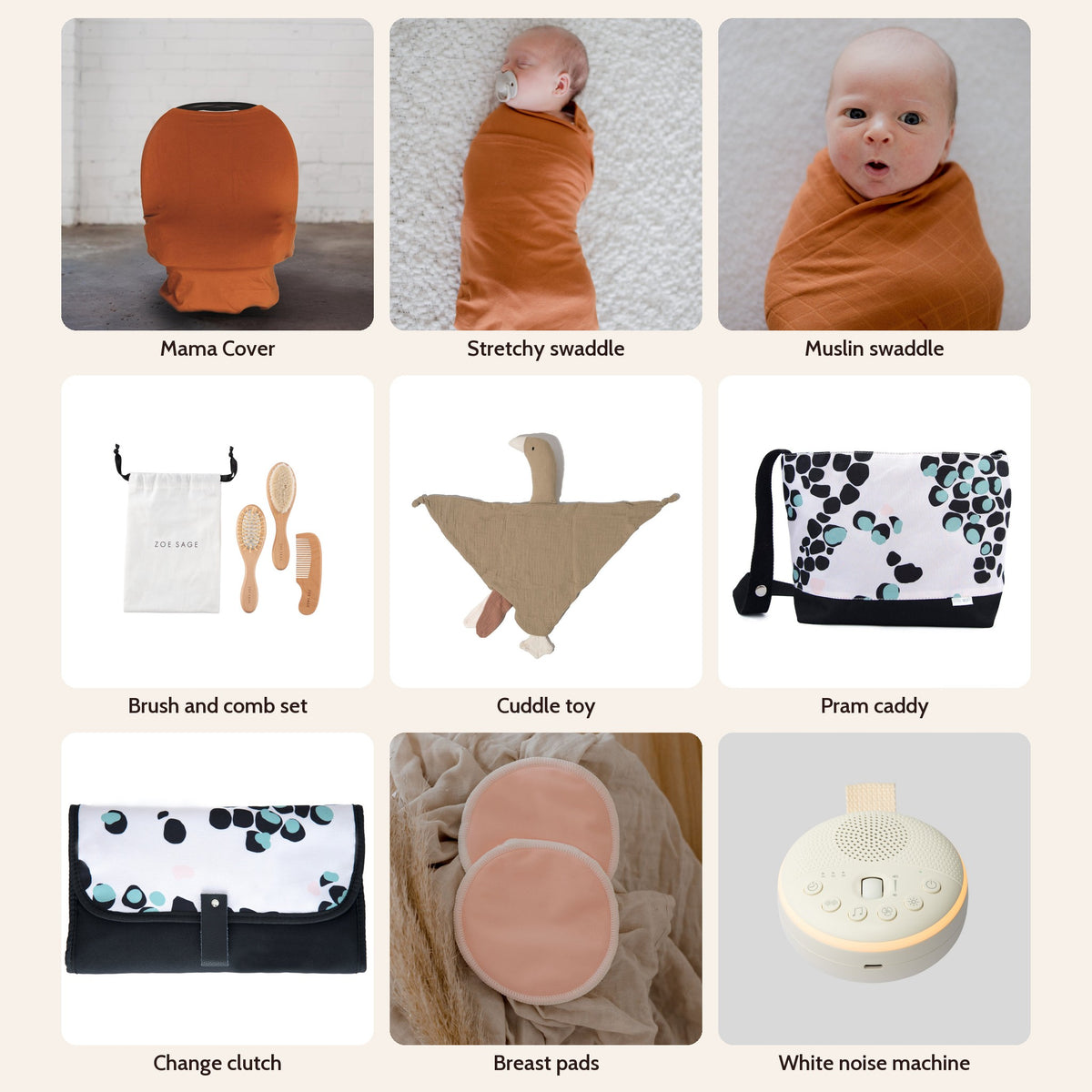 Big Box Mystery Box in Savannah Rust: Mama Cover, stretchy swaddle, muslin swaddle, brush and comb set, cuddle toy, pram caddy, change clutch, breast pads and white noise machine