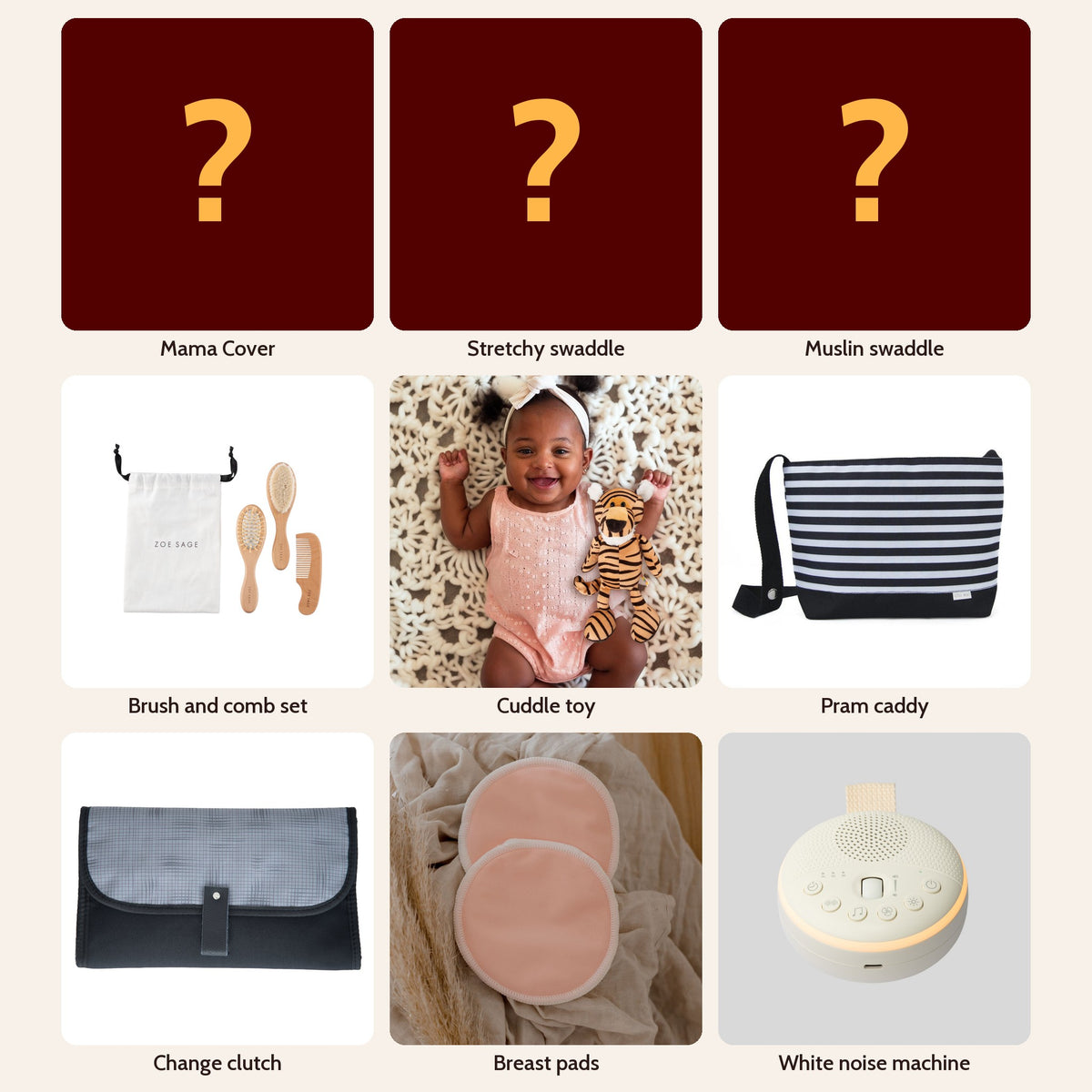 Big Box Mystery Box in a surprise print: Mama Cover, stretchy swaddle, muslin swaddle, brush and comb set, cuddle toy, pram caddy, change clutch, breast pads and white noise machine