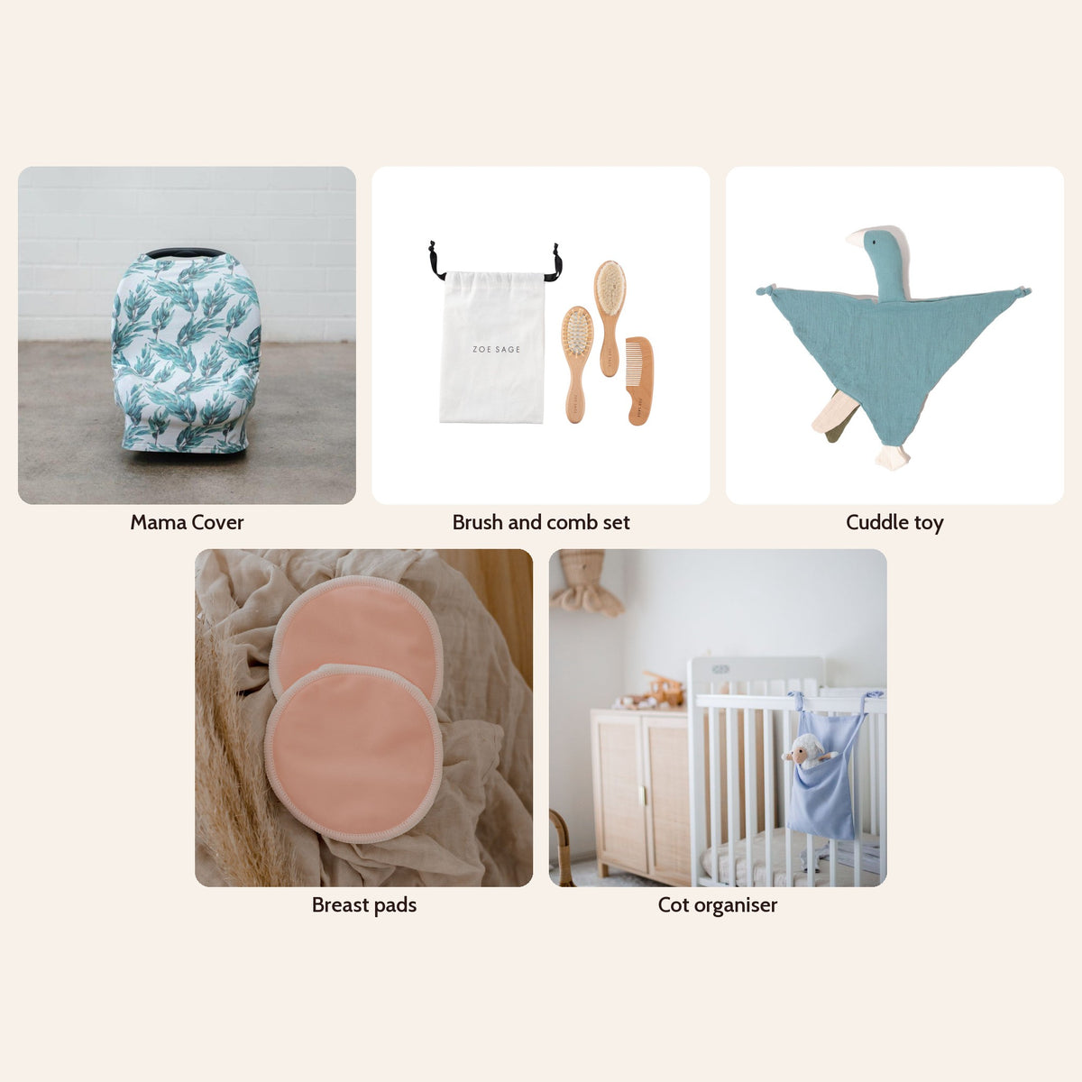 Little Box Mystery Box in Blue Gum Leaf: Mama Cover, brush and comb set, cuddle toy, breast pads and cot organiser