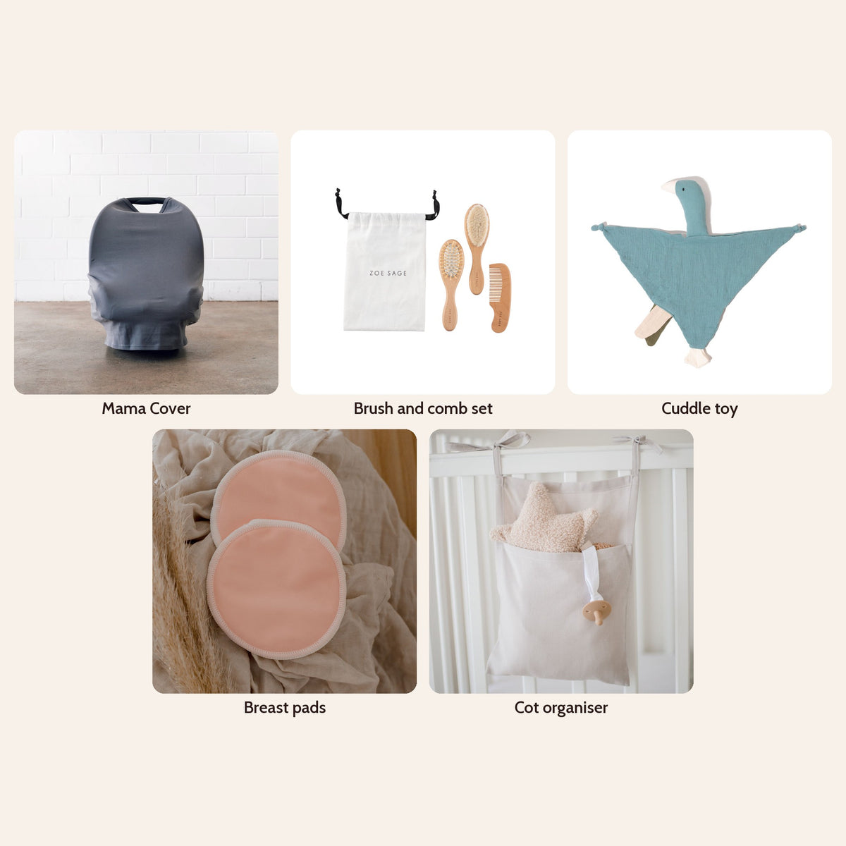 Little Box Mystery Box in Storm Grey: Mama Cover, brush and comb set, cuddle toy, breast pads and cot organiser