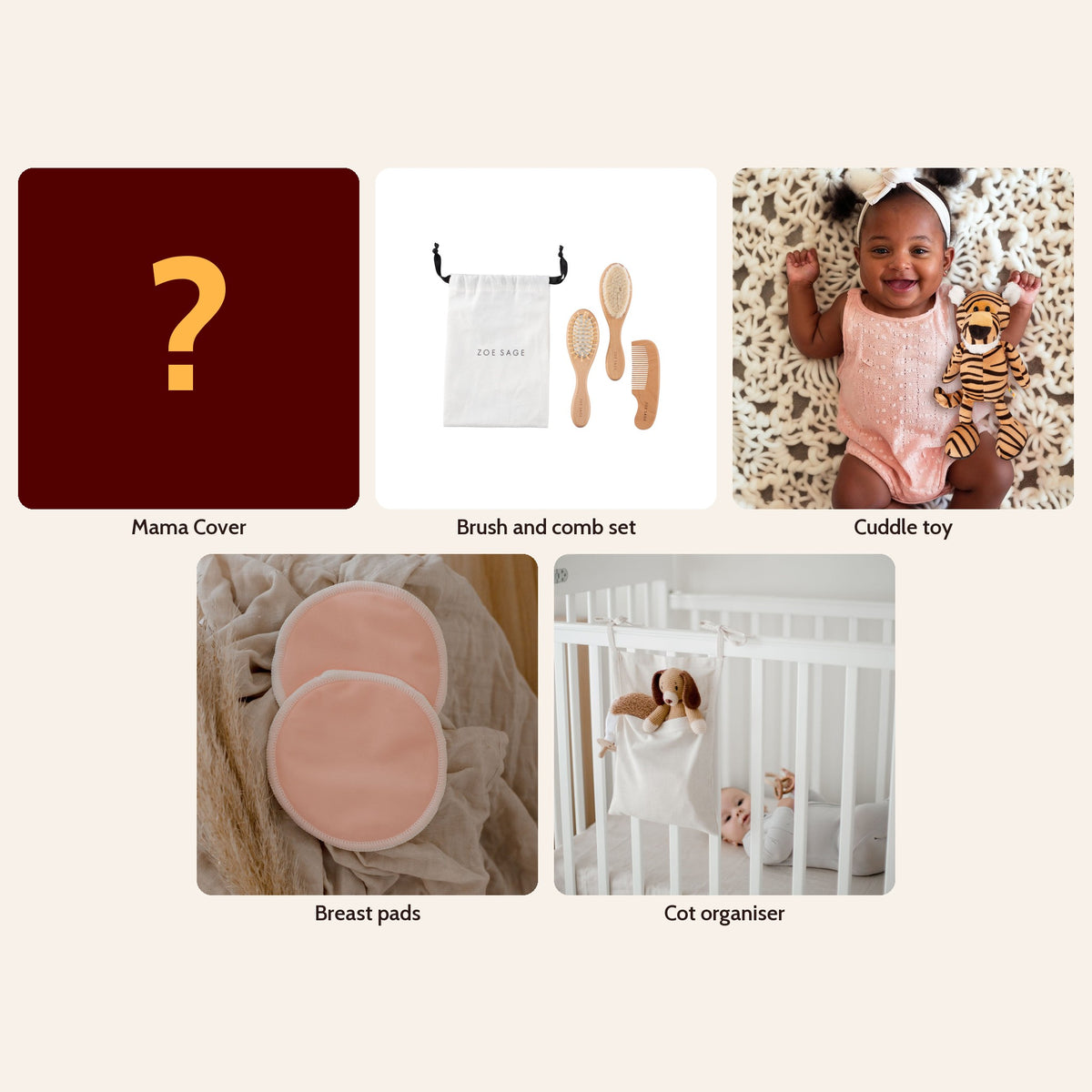 Little Box Mystery Box in a surprise print: Mama Cover, brush and comb set, cuddle toy, breast pads and cot organiser