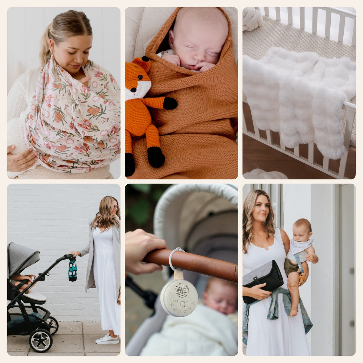 Zoe Sage Mystery Box favourites: Mama Cover, merino cocoon with plush toy, Cloud Bubble blanket, pram caddy, white noise machine and change clutch