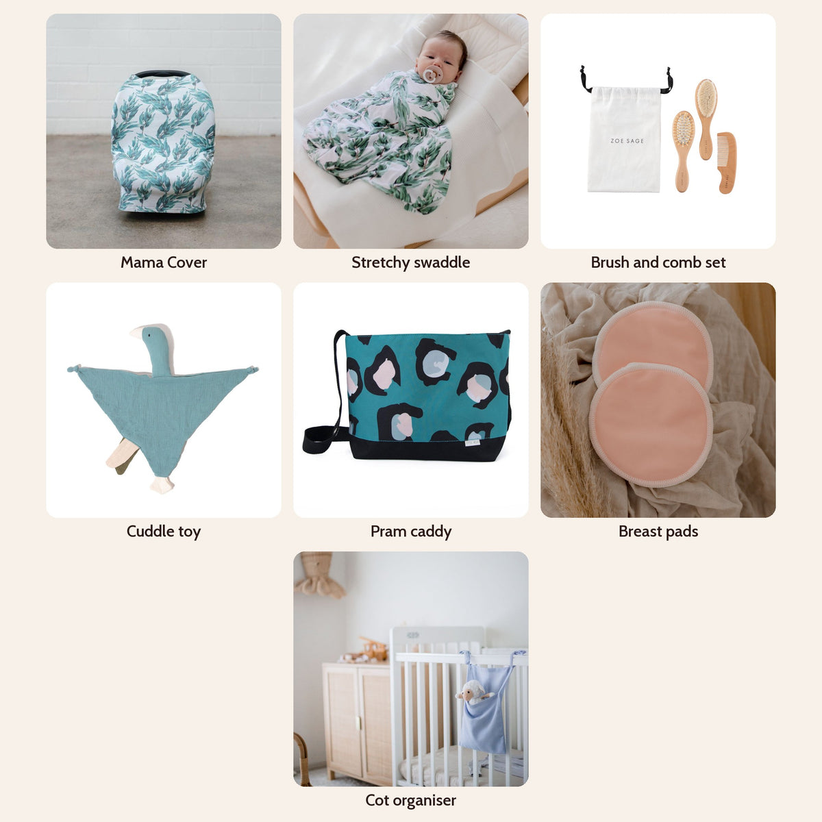 Matching Box Mystery Box in Blue Gum Leaf: Mama Cover, stretchy swaddle, brush and comb set, cuddle toy, pram caddy, breast pads and cot organiser