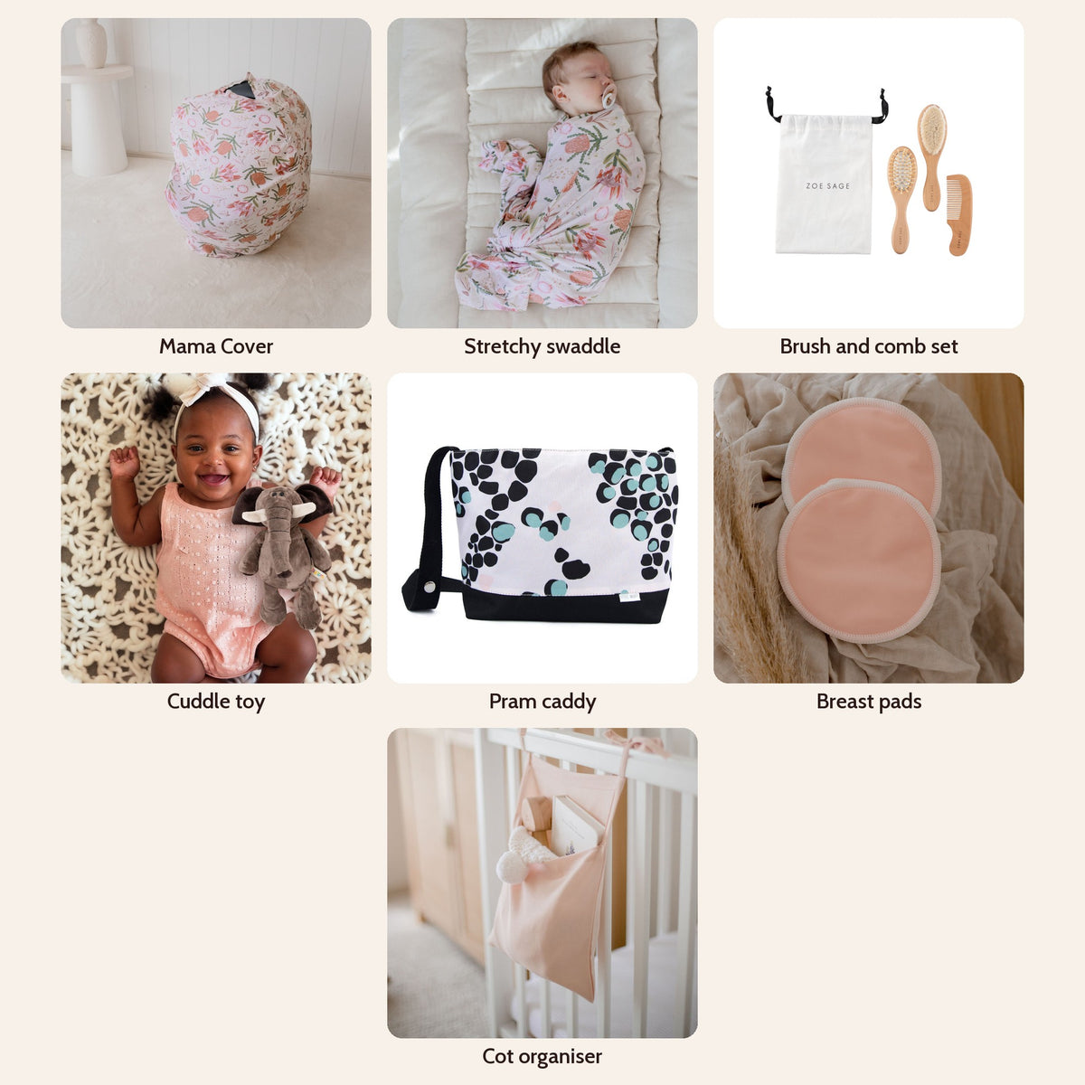 Matching Box Mystery Box in Gumnut Blossoms: Mama Cover, stretchy swaddle, brush and comb set, cuddle toy, pram caddy, breast pads and cot organiser