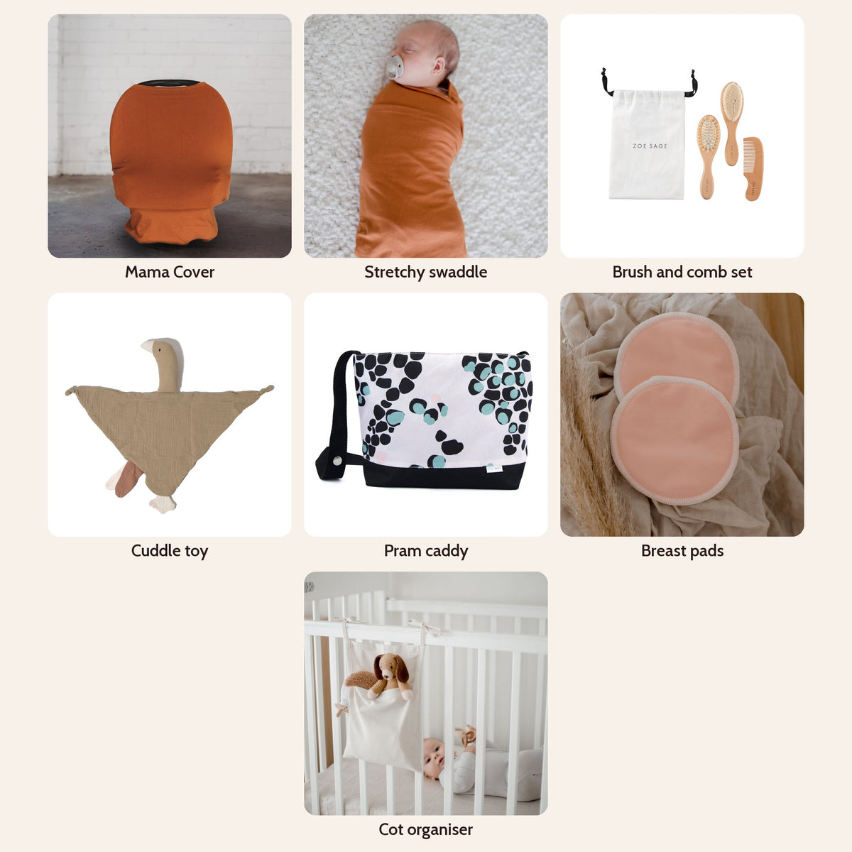 Matching Box Mystery Box in Savannah Rust: Mama Cover, stretchy swaddle, brush and comb set, cuddle toy, pram caddy, breast pads and cot organiser