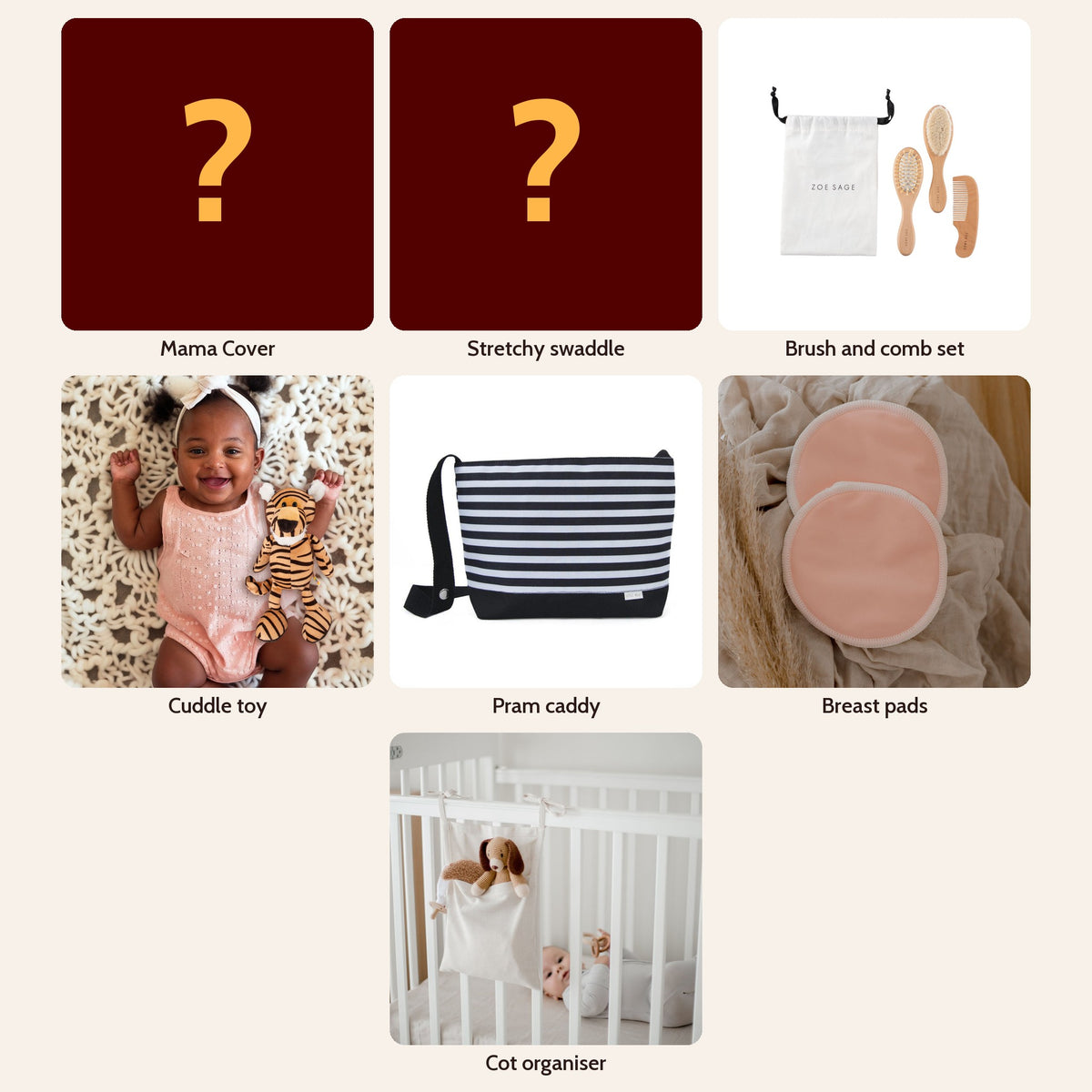 Matching Box Mystery Box in a surprise print: Mama Cover, stretchy swaddle, brush and comb set, cuddle toy, pram caddy, breast pads and cot organiser