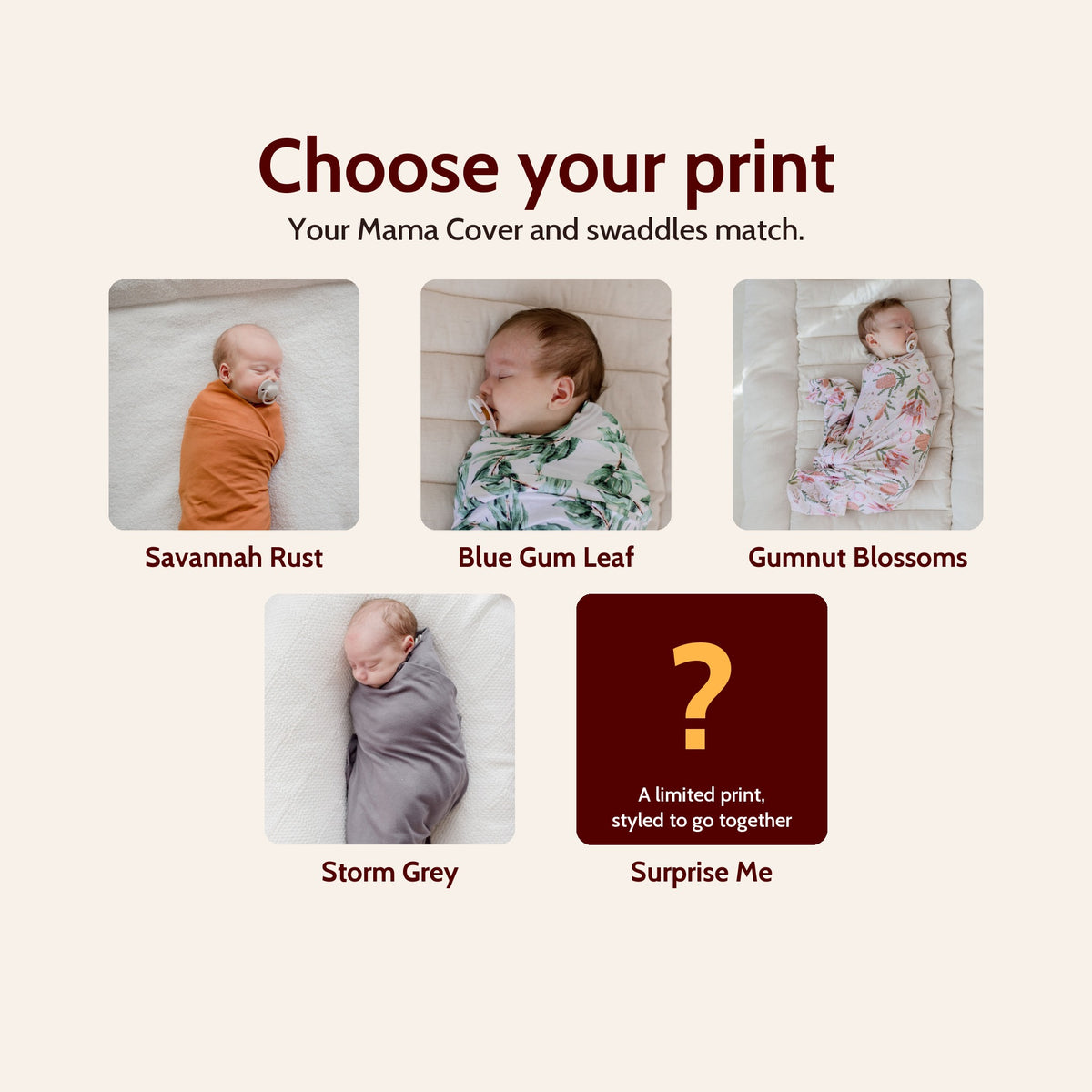 Choose your Mystery Box print: Savannah Rust, Blue Gum Leaf, Gumnut Blossoms, Storm Grey or Surprise Me