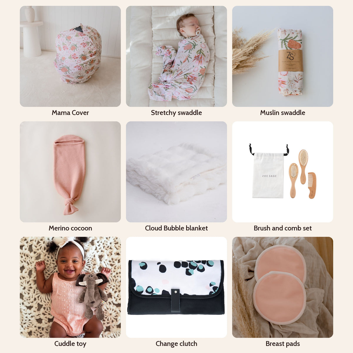 The Lot Mystery Box in Gumnut Blossoms: Mama Cover, stretchy swaddle, muslin swaddle, merino cocoon, Cloud Bubble blanket, brush and comb set, cuddle toy, change clutch and breast pads