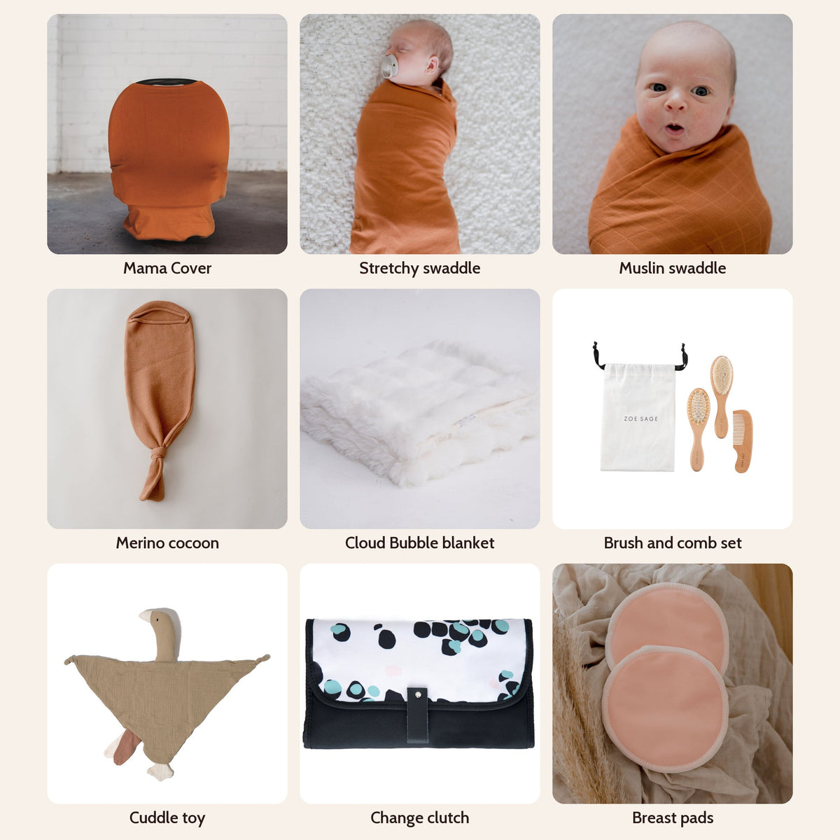 The Lot Mystery Box in Savannah Rust: Mama Cover, stretchy swaddle, muslin swaddle, merino cocoon, Cloud Bubble blanket, brush and comb set, cuddle toy, change clutch and breast pads
