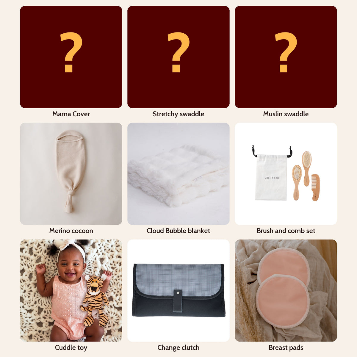 The Lot Mystery Box in a surprise print: Mama Cover, stretchy swaddle, muslin swaddle, merino cocoon, Cloud Bubble blanket, brush and comb set, cuddle toy, change clutch and breast pads
