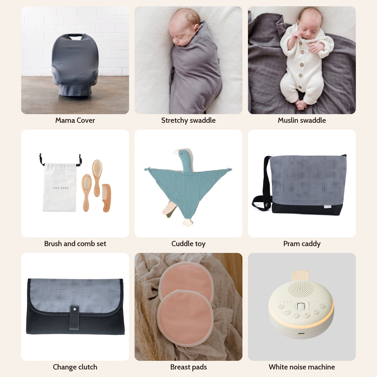 New Mum Hamper Big Box in Storm Grey: Multi-Use Nursing & Breastfeeding Cover - Storm Grey, Stretchy Baby Swaddle Wrap - Storm Grey, Organic Cotton Muslin Swaddle Wrap - Storm Grey, Baby Brush & Comb Set, Goose Comforter Baby Security Blanket, Pram Bag Caddy Organiser, Portable Nappy Change Clutch, Washable Bamboo Nursing Pads (8pk), Portable Baby White Noise Machine & Night Light