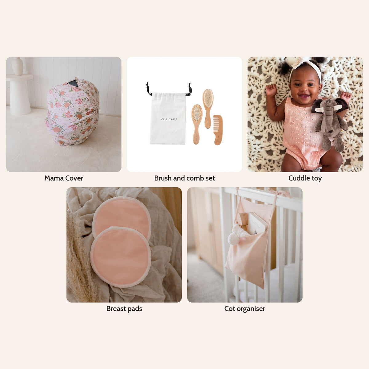 New Mum Hamper Little Box in Gumnut Blossoms: Multi-Use Nursing & Breastfeeding Cover - Gumnut Blossoms, Baby Brush & Comb Set, Soft Plush Animal Children Toy, Washable Bamboo Nursing Pads (8pk), Linen Cot Organiser