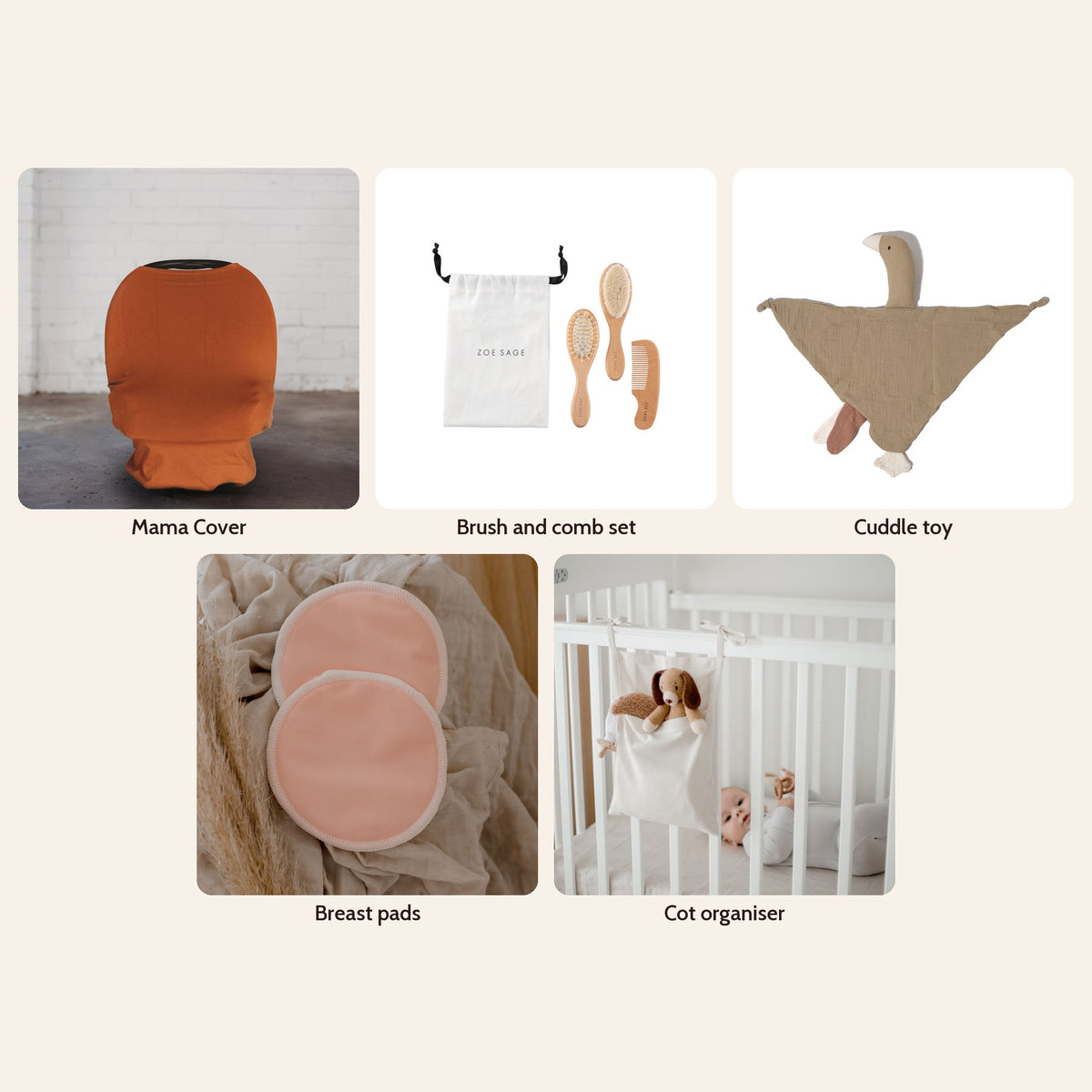 New Mum Hamper Little Box in Savannah Rust: Multi-Use Nursing & Breastfeeding Cover - Savannah Rust, Baby Brush & Comb Set, Goose Comforter Baby Security Blanket, Washable Bamboo Nursing Pads (8pk), Linen Cot Organiser