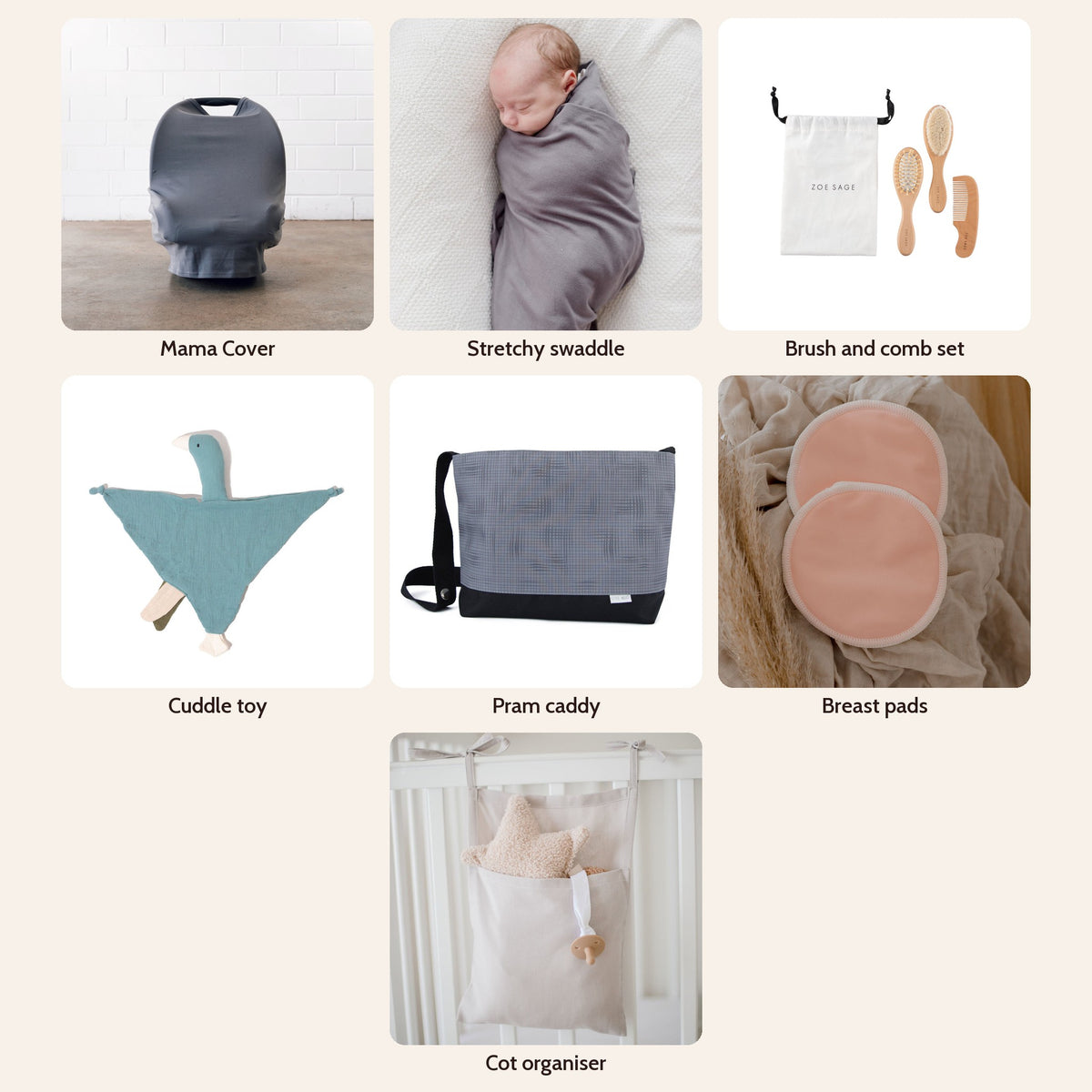 New Mum Hamper Matching Box in Storm Grey: Multi-Use Nursing & Breastfeeding Cover - Storm Grey, Stretchy Baby Swaddle Wrap - Storm Grey, Baby Brush & Comb Set, Goose Comforter Baby Security Blanket, Pram Bag Caddy Organiser, Washable Bamboo Nursing Pads (8pk), Linen Cot Organiser