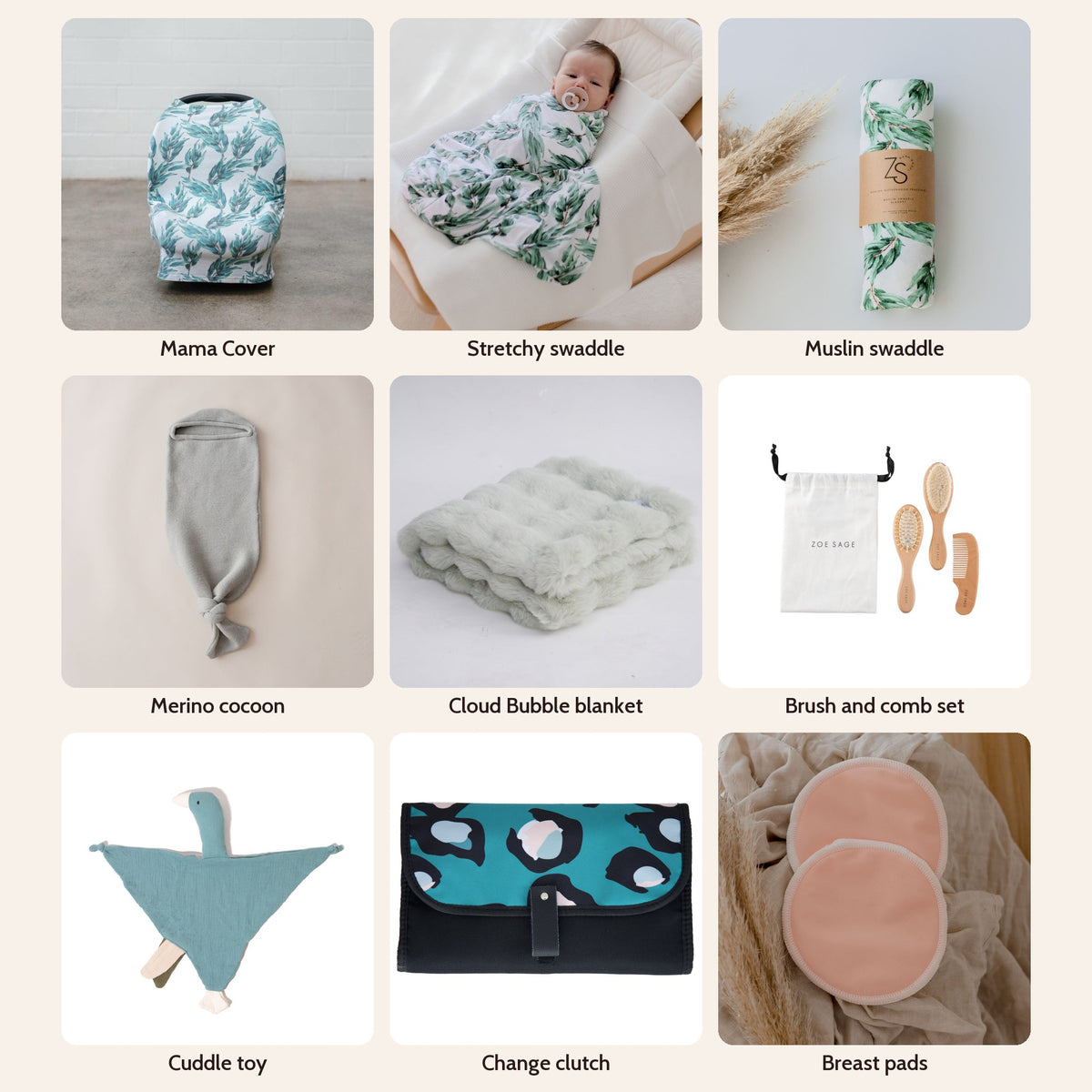 New Mum Hamper The Lot in Blue Gum Leaf: Multi-Use Nursing & Breastfeeding Cover - Blue Gum Leaf, Stretchy Baby Swaddle Wrap - Blue Gum Leaf, Organic Cotton Muslin Swaddle Wrap - Blue Gum Leaf, Baby Brush & Comb Set, Goose Comforter Baby Security Blanket, Portable Nappy Change Clutch, Washable Bamboo Nursing Pads (8pk), Merino Wool Newborn Cocoon Baby Wrap, Cloud Bubble Baby Blanket