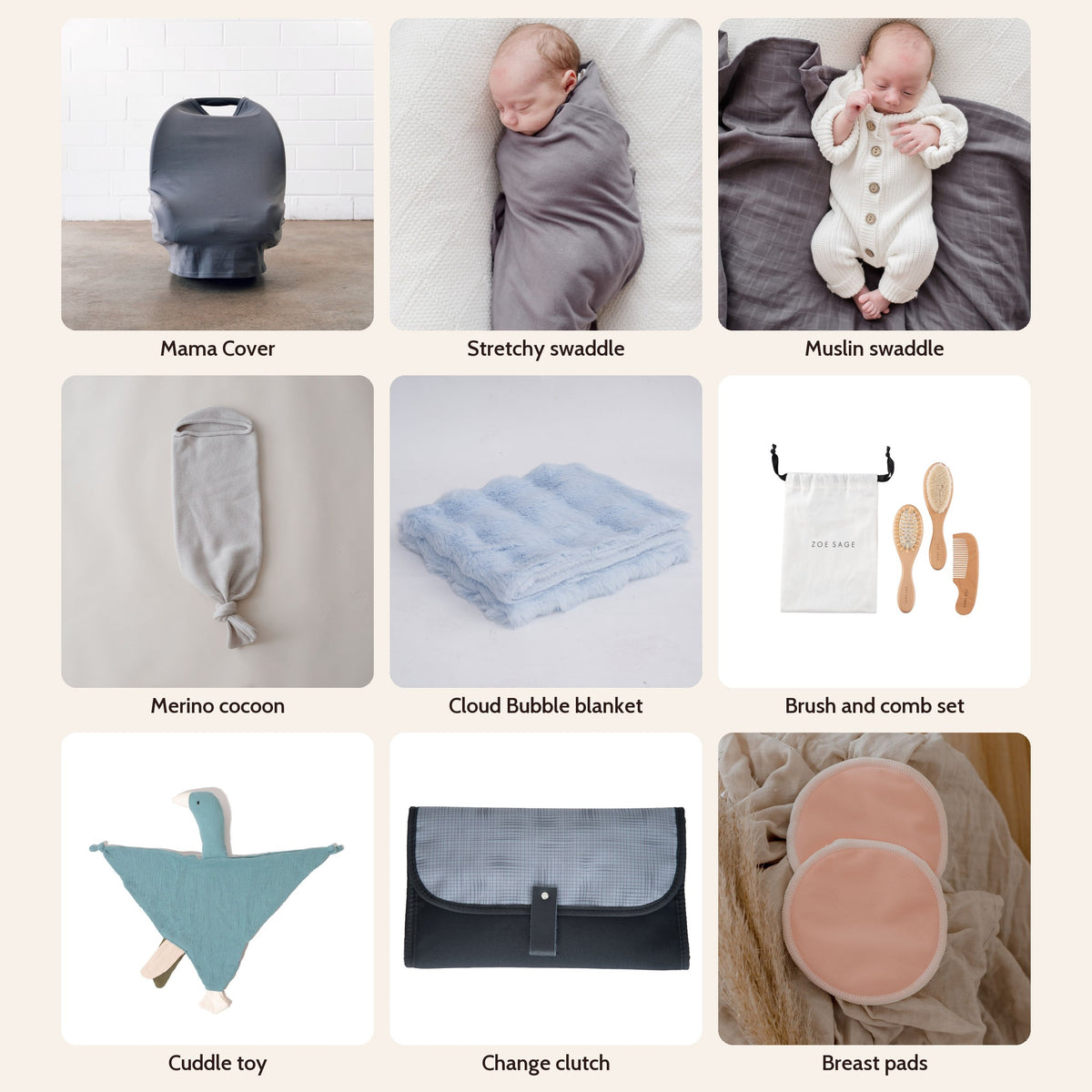 New Mum Hamper The Lot in Storm Grey: Multi-Use Nursing & Breastfeeding Cover - Storm Grey, Stretchy Baby Swaddle Wrap - Storm Grey, Organic Cotton Muslin Swaddle Wrap - Storm Grey, Baby Brush & Comb Set, Goose Comforter Baby Security Blanket, Portable Nappy Change Clutch, Washable Bamboo Nursing Pads (8pk), Merino Wool Newborn Cocoon Baby Wrap, Cloud Bubble Baby Blanket