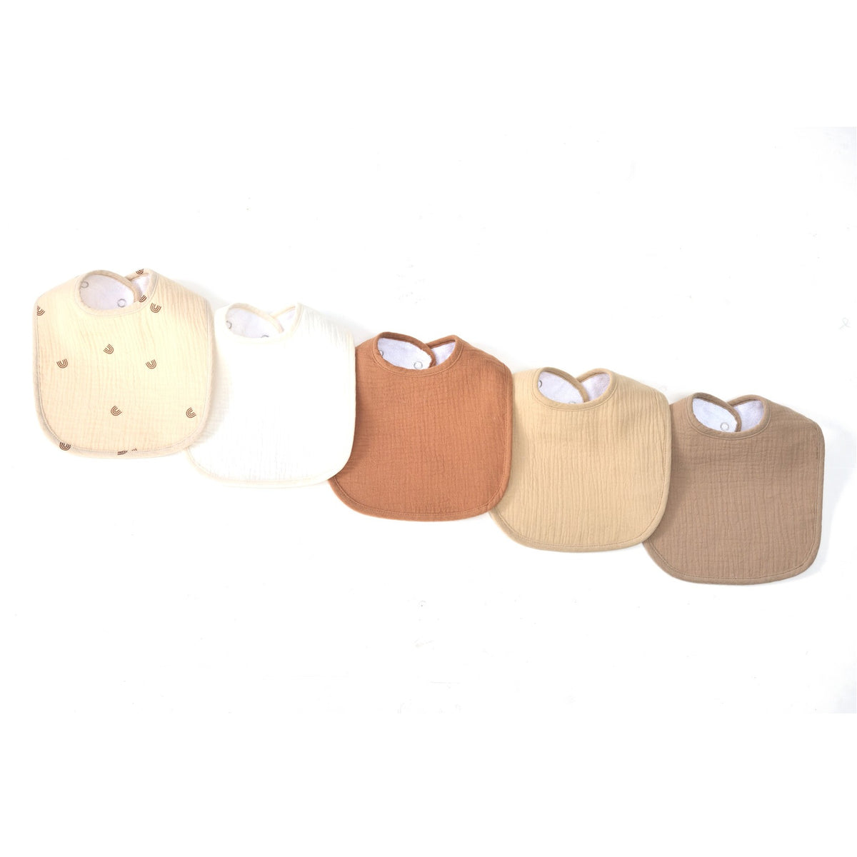 Organic muslin baby bibs in dusty dunes tones by Zoe Sage, five pack colour fan