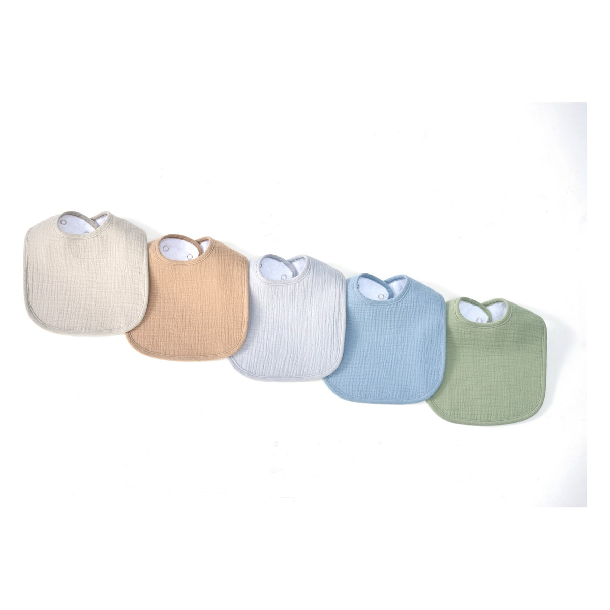 Organic muslin baby bibs in earth and sky tones by Zoe Sage, five pack colour fan