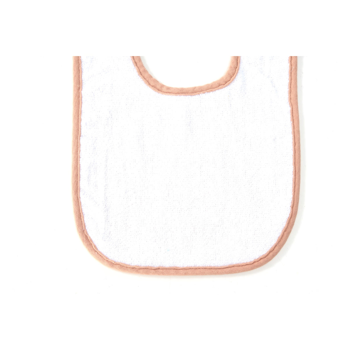 Back of a muslin baby bib showing the soft white terry towelling and adjustable snaps