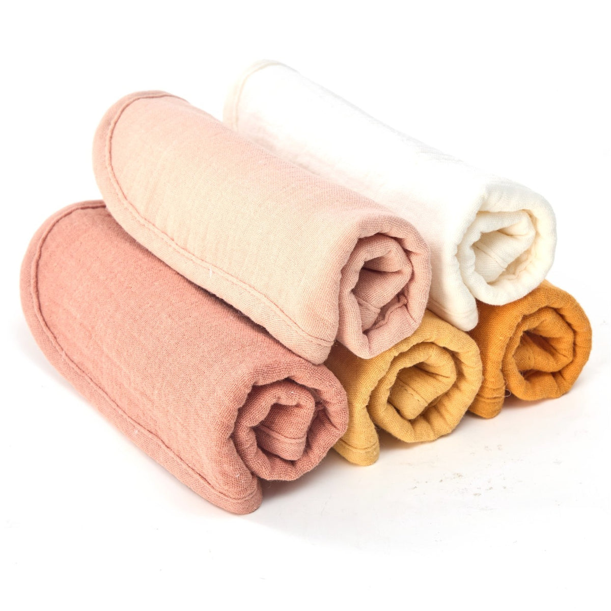 Five organic muslin baby bibs rolled and stacked in Golden Harvest colours