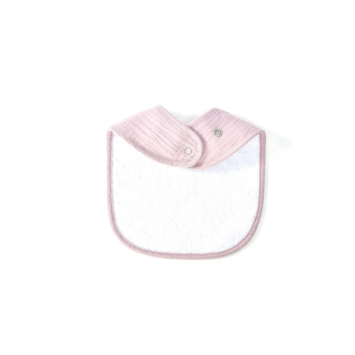 Organic muslin baby bib fastened at the neck showing the snap closure