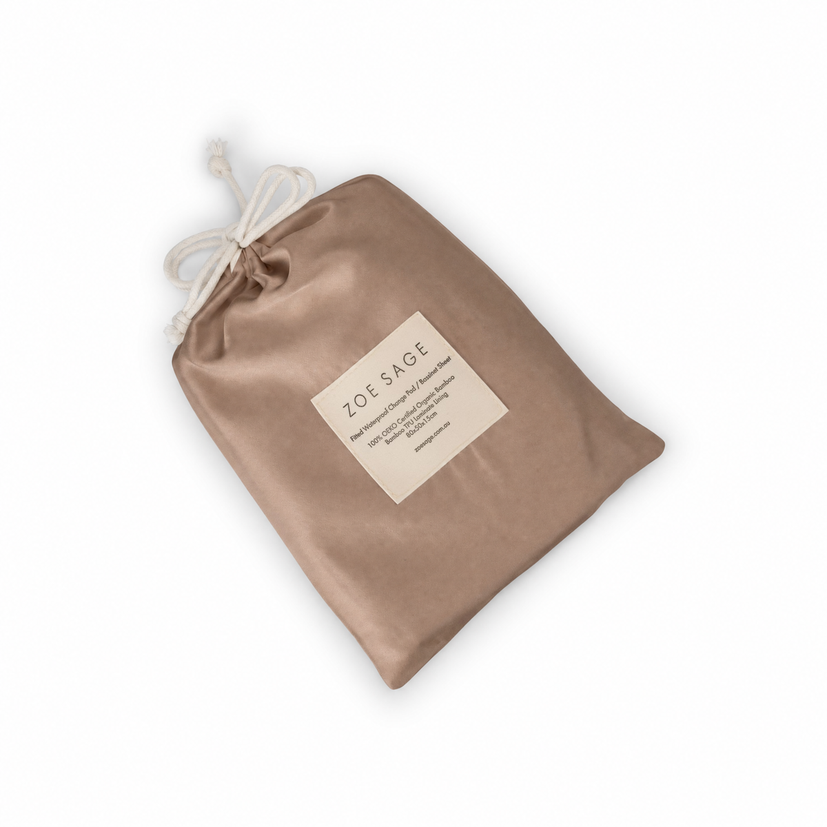 Mocha waterproof bassinet sheet and change pad cover drawstring bag laid flat, label detail