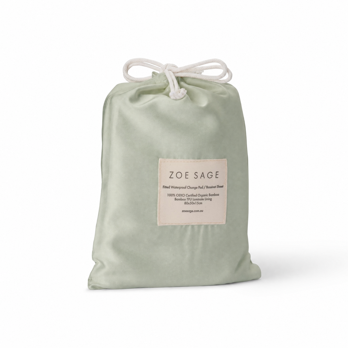 Sage waterproof bassinet sheet and change pad cover in its drawstring storage bag, Zoe Sage