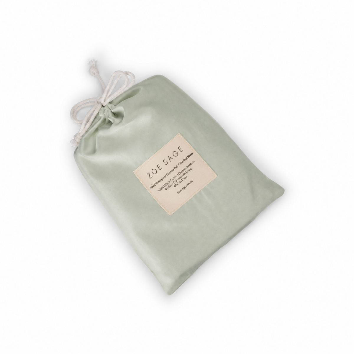 Sage waterproof bassinet sheet and change pad cover drawstring bag laid flat, label detail