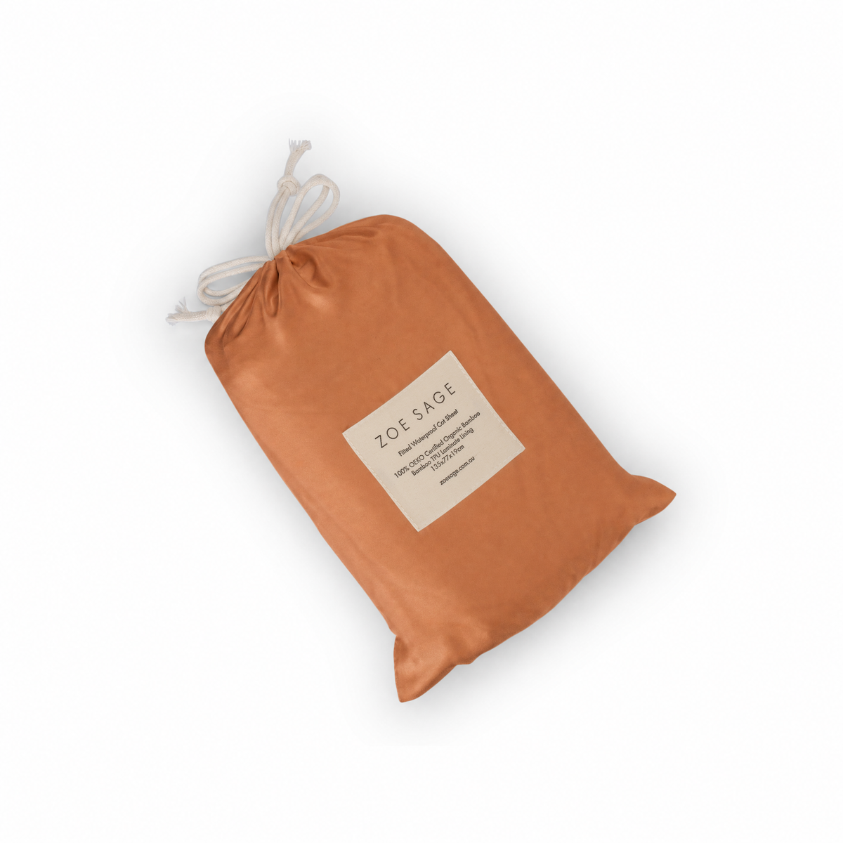 Savannah Rust waterproof fitted cot sheet drawstring bag laid flat, label detail